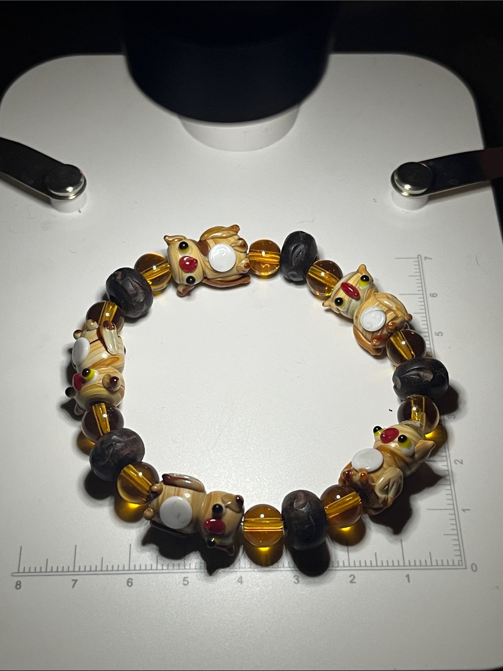 Artisan Handmade Lampwork Glass Owl Stretch Bracelet Amber Tone & Wood Beads